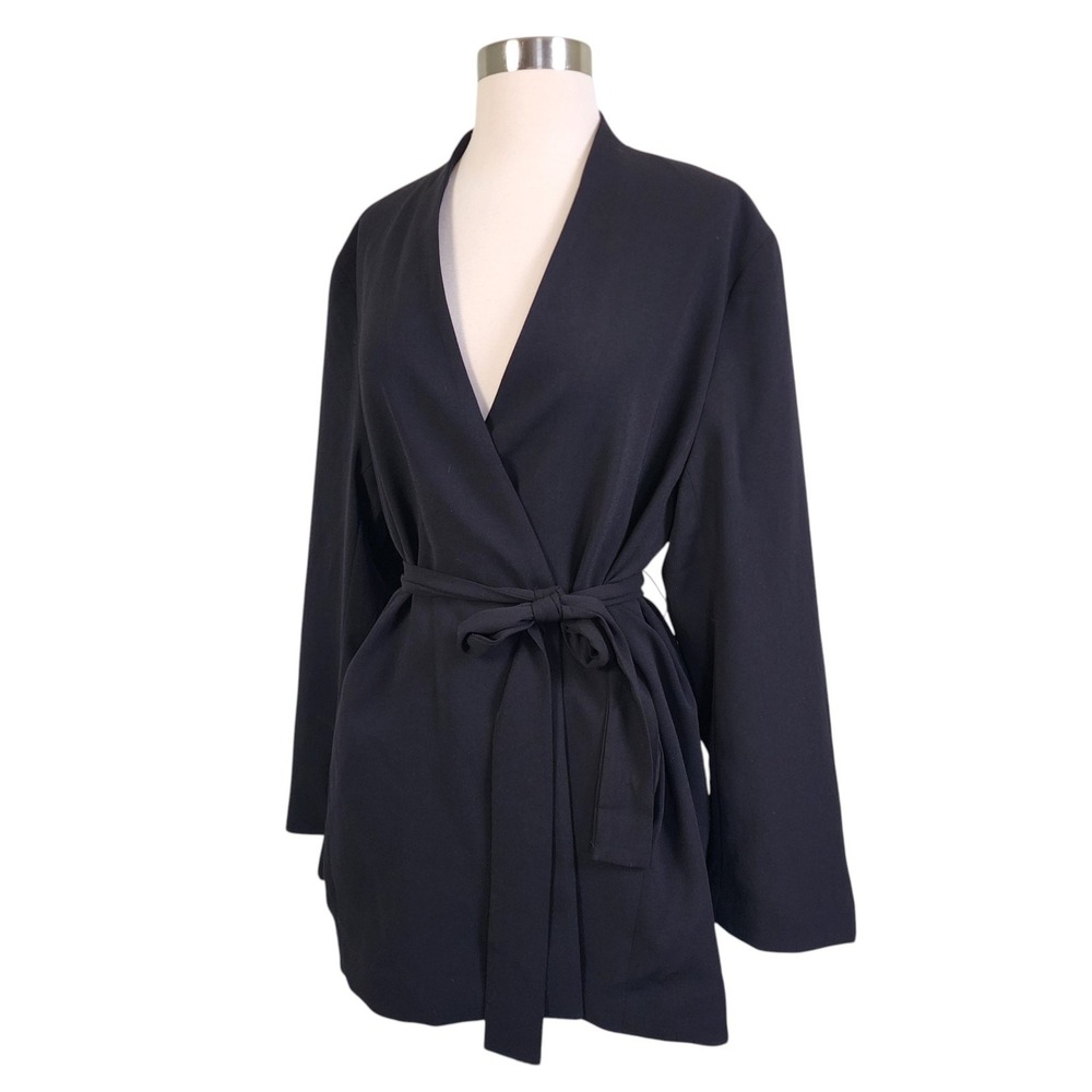 H&M Womens Wrap Blazer Jacket Size Medium Black Tie Waist Collarless Office Work